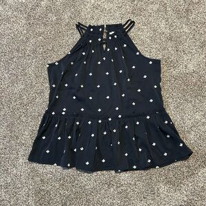 LOFT Navy Blue Halter Peplum Top with White Embroidery